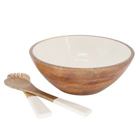 Laurie Gates 12 Inch Enameled Mango Wood Serving Bowl and Serving Utensils in White and Brown