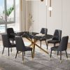 Large modern minimalist rectangular dining table with 0.39 "imitation marble black tabletop and golden metal legs