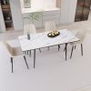 Scalable MDF modern dining table and chair set, suitable for 2-6 people, white dining table and modern beige dining chair 4-piece set